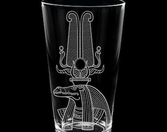 SOBEK Engraved Pint Glasses | Egyptian Deity Handcrafted Glassware | Hieroglyphic Symbols of Ancient Egypt | Unique History Gift