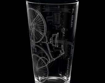 BICYCLE PATENT - 1890 Engraved 16oz Pint Glass | Bike Cycling Vintage Engineering Sport | Great Gift Idea!