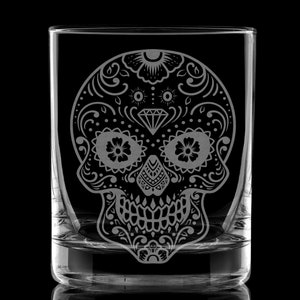 SUGAR SKULL Engraved Rocks Glass | 11 oz Rim Tempered | Day Of The Dead Dia De Los Muertos Mexican Inspired | Great Gift Idea!