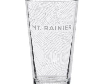 MT RAINIER Washington Engraved 16oz Pint Glass | American Mtns Ski Resorts Contour Topographic Map Mountains | Great Drinking Gift Idea!