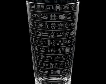 HIEROGLYPHIC Engraved 16oz Pint Glass | Egyptian Deity Handcrafted Glassware | Hieroglyphic Symbols of Ancient Egypt | Unique History Gift