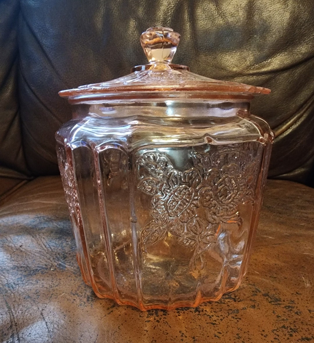 Mayfair Open Rose Pink Depression Glass Biscuit Jar by Anchor Hocking