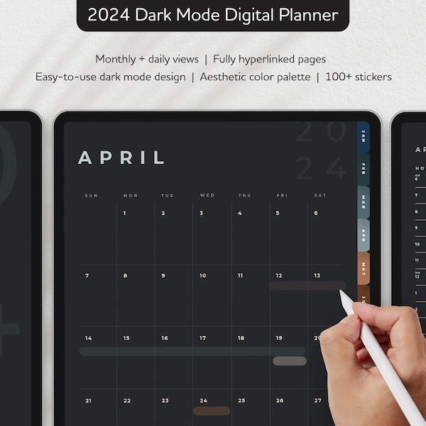 2024 Dark Mode Digital Planner for GoodNotes on iPad - Monthly + Daily Views Fully Hyperlinked - Instant Download - 100+ Bonus Stickers
