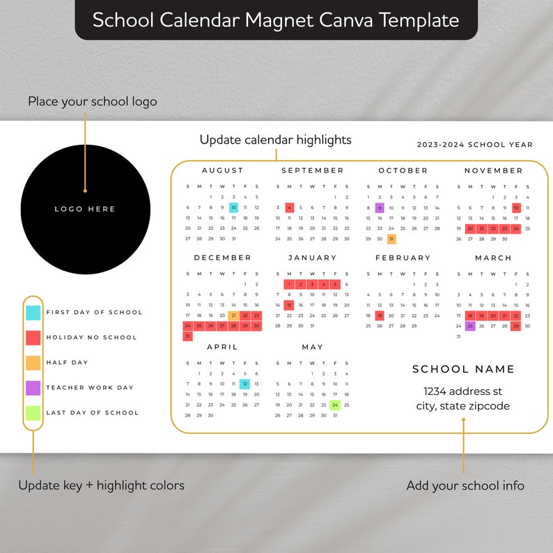 20232024 School Calendar Canva Template Printable, Editable