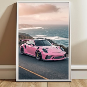 Art mural Porsche rose, impression Porsche GT3 RS Coast, art mural voiture classique, art mural numérique, décoration de garage, décoration d'intérieur, téléchargement immédiat