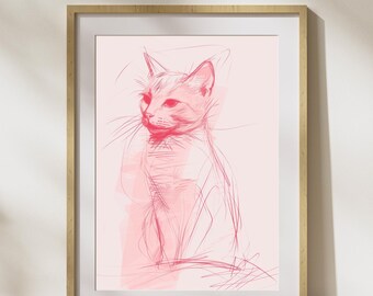 Pink Cat Wall Art, Kitty Illustration Drawing Print, Instant Digital Download, Minimalist Wall Art, Dopamine Decor, Dorm and Apartment Decor