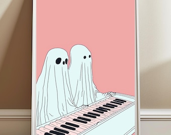 Pink Ghost Wall Art Print, Halloween Decor, Preppy Trendy Printable Art, Dopamine Decor, Cute Ghost Painting Girly Print Apartment Decor
