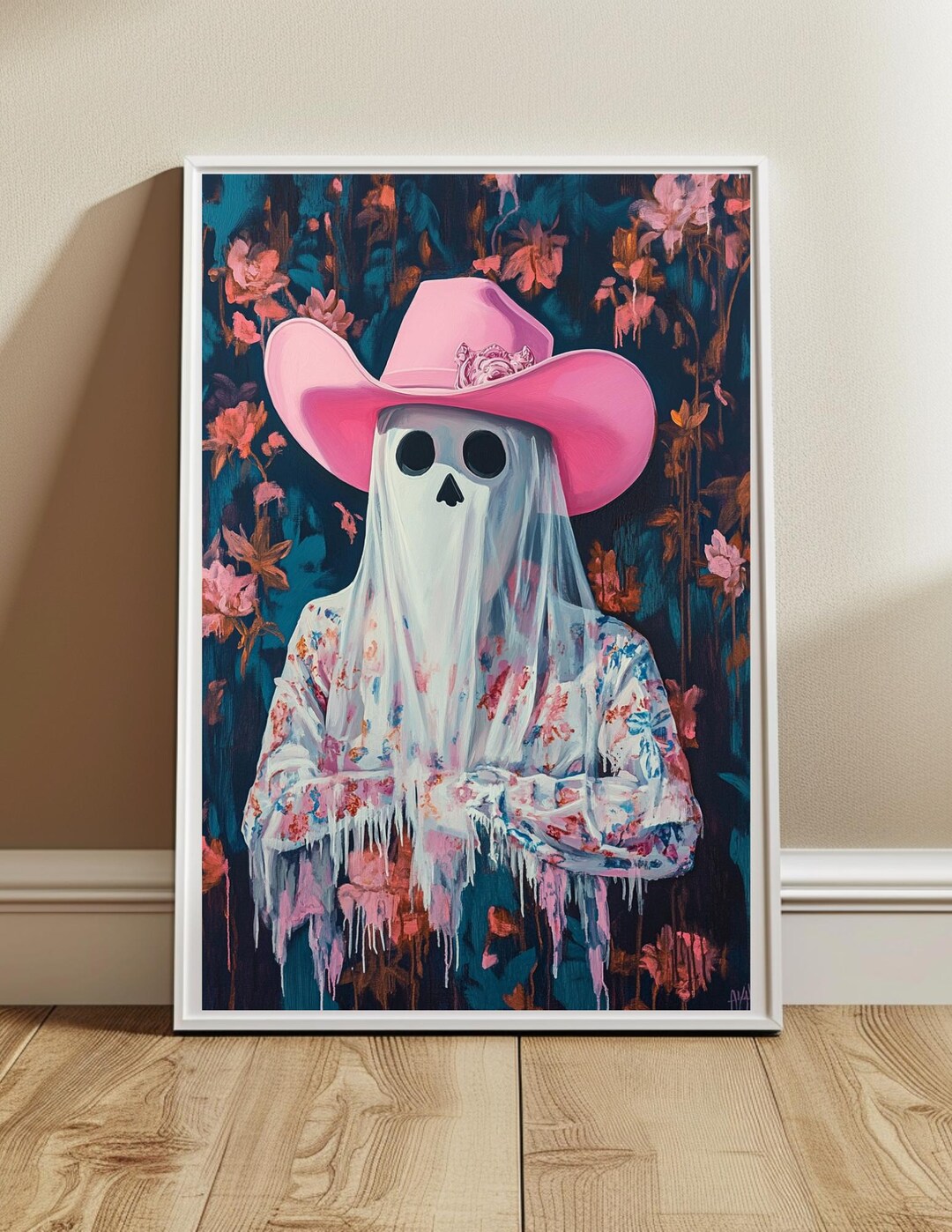 Pink Cowboy Ghost Wall Art Print, Halloween Decor, Preppy Trendy