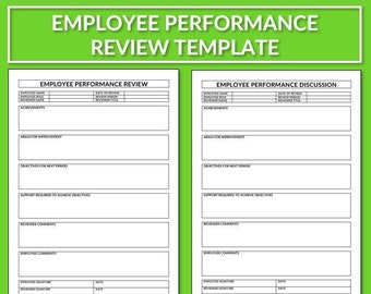 May include: A printable employee performance review template with two variations: a review and a discussion. The template includes sections for employee name, date of review, reviewer name, reviewer title, achievements, areas for improvement, objectives for next period, support required to achieve objectives, reviewer comments, employee comments, employee signature, date, and reviewer signature.
