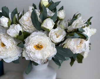 Dried Look Huge Peony with 2 Buds Stem - High Quality Artificial Flower / Centerpiece / DIY Floral / Wedding / Home Decoration / Gift /White