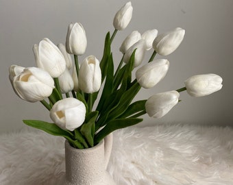 9 stems Real Touch Tulip Bouquet - Artificial Flower / Centerpieces / DIY Floral / Wedding / Home Decoration / Gifts / White