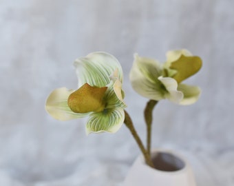 Real Touch Green White Slipper Orchid - Artificial Flower / Wedding / Bouquet / Floral Arrangement / Centerpieces / Home Decor / Gifts / DIY