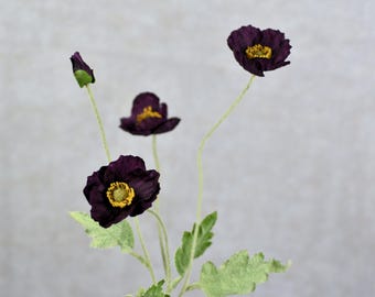 4 Heads Dark Purple Poppy Flower Stem - High Quality Artificial Floral / Wedding / Bouquet / DIY / Home Decoration / Gifts / Arrangement