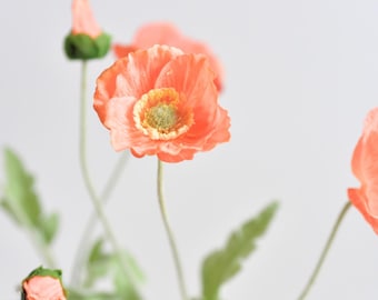 Real Touch 4 Heads Orange Poppy - Faux Flower / Wedding / Bouquet / Summer Home Decor / Interior Design / Arrangement / Centerpiece / Craft