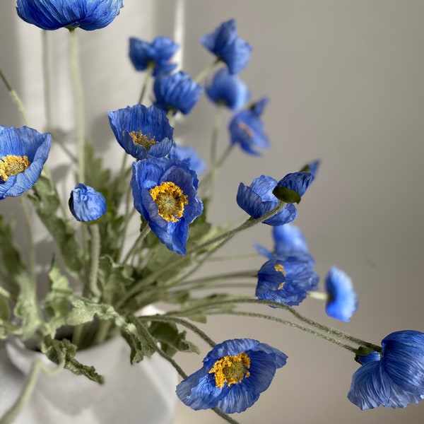 4 têtes de coquelicot - Fleur artificielle de haute qualité / A faire soi-même / A fleurs / Mariage / Décoration d'intérieur / Cadeaux / Bleu