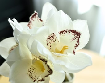 Set of 4 - Real Touch White Cymbidium Orchid Bouquet - Artificial Flower / Wedding / Bouquet / Floral Arrangement / Centerpiece /Home / Vase