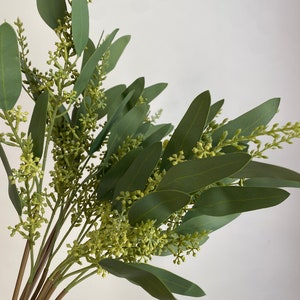 May include: A bunch of artificial eucalyptus stems with green leaves and small green flower buds.