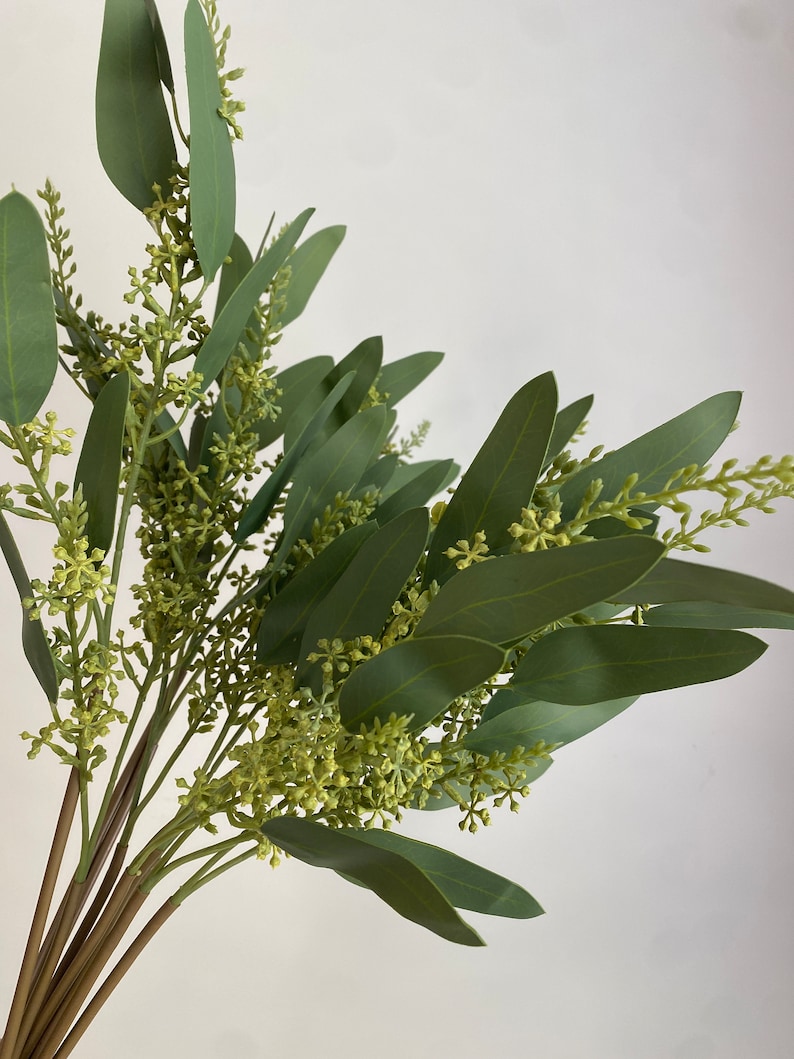 May include: A bunch of artificial eucalyptus stems with green leaves and small green flower buds.