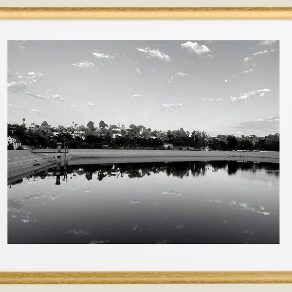 Silver Lake Reservoir, Los Angeles - digital print, black and white, lake, hills, photography