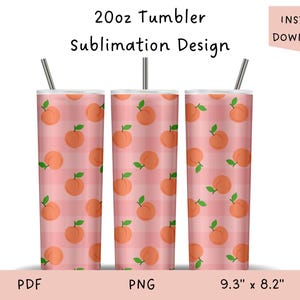 Niedliches Pink Peachy Becher Design | Pfirsiche | Erhalte Peachy | Digitales Produkt | 20 Unzen Tumbler Wrap Design | Vichykaro | Mädchenhaft | Rosa | Pfirsich