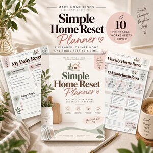 Peut inclure: Un ensemble de planificateur Simple Home Reset comprenant 10 feuilles de travail imprimables et une couverture. Les pages incluent des listes de contrôle pour l'organisation quotidienne et hebdomadaire avec des accents vert et marron.