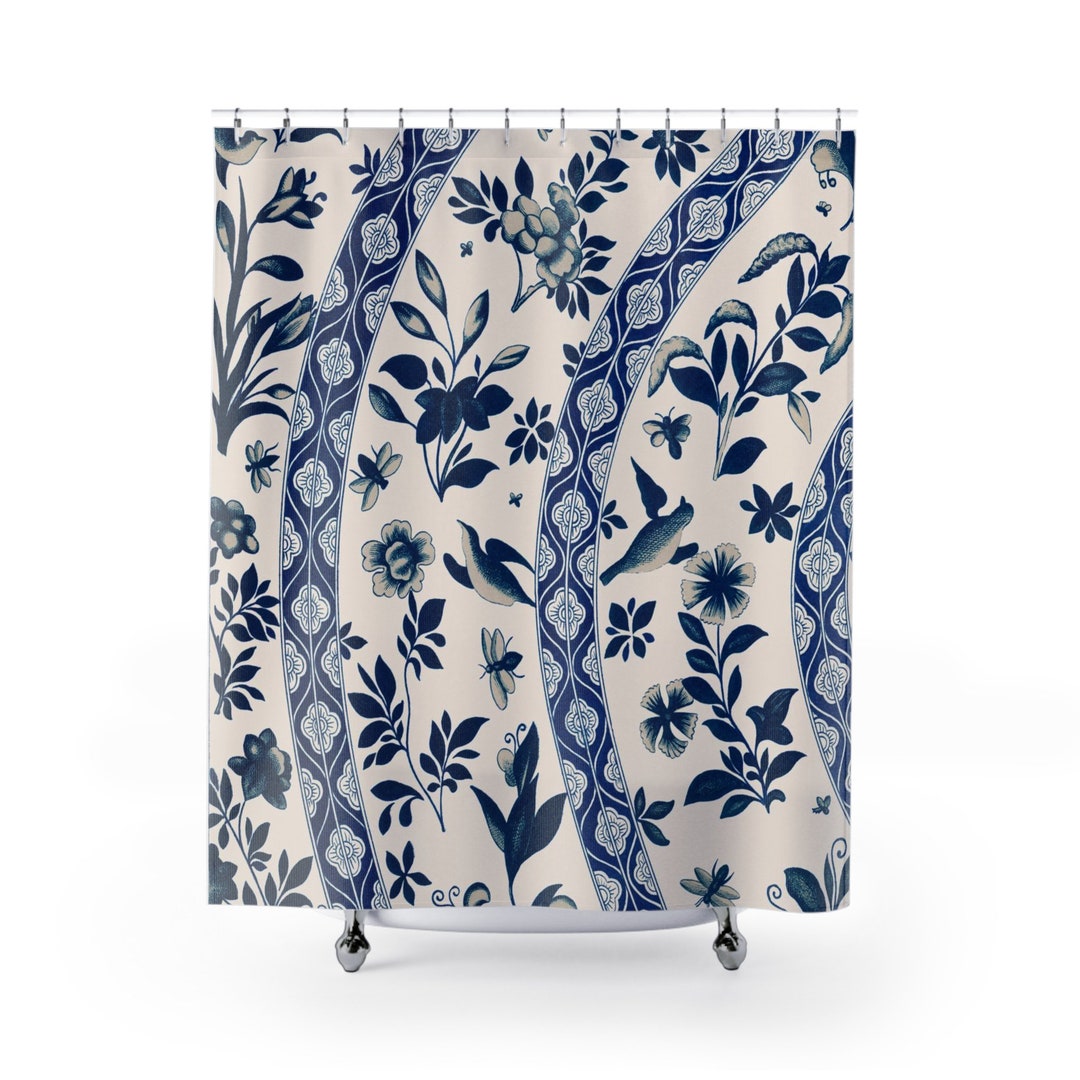 Blue and White Floral Shower Curtain, Decorative Pattern Shower Curtain