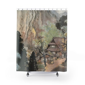 Japanese Countryside Shower Curtain, Unique Fabric Shower Curtain, Classic Vintage Bathroom Decor, Art Shower Curtain