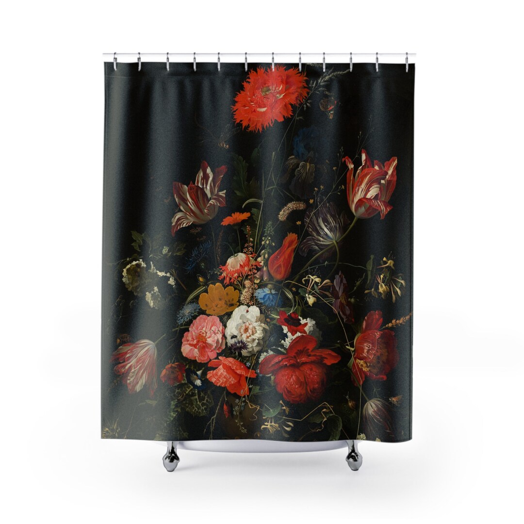 Black Floral Shower Curtain, Bathroom Decor Boho, Elegant Flower Shower