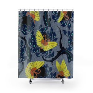 Rideau de douche Art déco nouveau, décoration de salle de bain artistique colorée, douche bohème rétro vintage, rideau de douche unique motif papillon fleur