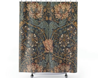 William Morris Shower Curtain, Vintage Blue Floral Print Shower Curtain, Unique Boho Shower Curtain, Cottage Core Bathroom Dec