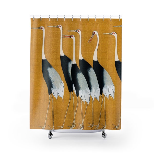 Cortina de chuveiro japonesa com guindaste, cortina de chuveiro amarela, decoração colorida exclusiva de banheiro, cortina de chuveiro de pássaros, cortina de chuveiro funky
