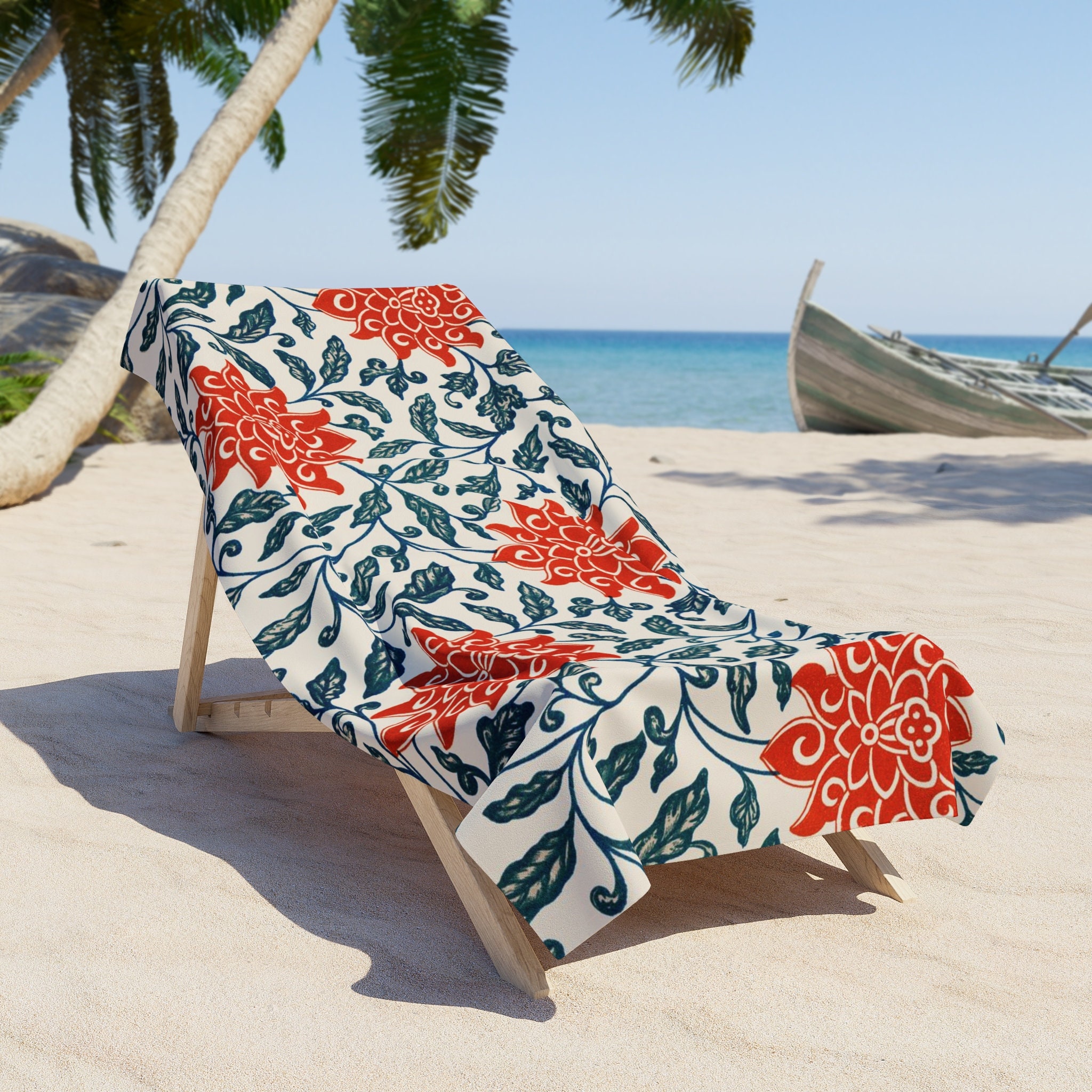 Red Flower Pattern Beach Towel, Print Vacation Beach Towel, Unique Trendy Beach Towel for Adult, Classy William Morris Decorative Boho Towel