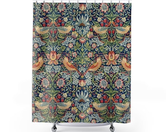 William Morris Strawberry Thief Shower Curtain, CottageCore Antique Bathroom Decor, Victorian Vintage Shower, Elegant Ornate Shower Curtain