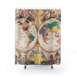 Antique World Map Shower Curtain, Unique Vintage Shower Curtain, Cartography Art, Gift for Traveler, Gift for Travel Lovers