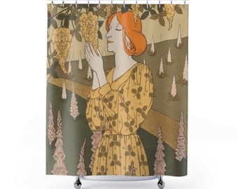 Frau mit Fingerhut und Wisteria, Nostalgisches Badezimmer Dekor, Fine Art Print Duschvorhang, Geblümter eleganter Duschvorhang, Märchen