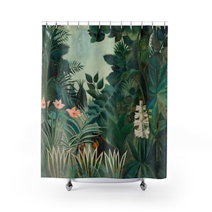 Jungle Shower Curtain, Nature Green Shower Curtain, Boho Earthy Colorful Bathroom Decor, Trendy Unique Forest Shower Curtain