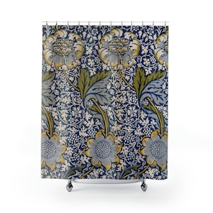 William Morris Duschvorhang, Vintage Blau Blumendruck Duschvorhang, Einzigartiger Boho Duschvorhang, Cottage Core Badezimmer Dekor