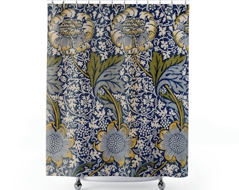 William Morris Shower Curtain, Vintage Blue Floral Print Shower Curtain, Unique Boho Shower Curtain, Cottage Core Bathroom Decor