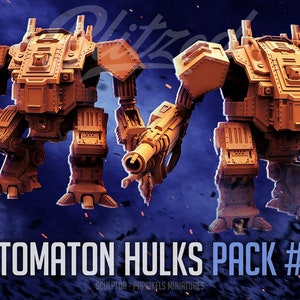 May include: Two orange-brown automaton hulks, each with a large gun, stand on a dark blue background with orange sparks. The text "AUTOMATON HULKS PACK #108" is at the bottom of the image.