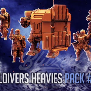 May include: A set of six tan-coloured miniature soldier figurines and one large mechanical walker unit. The text HELLDIVERS HEAVIES PACK #183 is printed in white at the bottom. The figures are depicted in various combat poses with rifles.