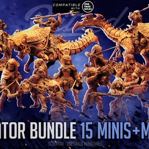 May include: A set of 15 unpainted miniature figures of Predators, some riding alien creatures, for tabletop gaming. The miniatures are compatible with One Page Rules.