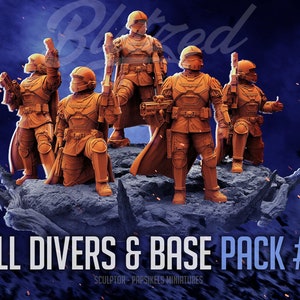May include: Five orange plastic miniature figures of soldiers wearing futuristic armour and helmets. The figures are standing on a grey rock base. The text "HELL DIVERS & BASE PACK #88" is at the bottom of the image.