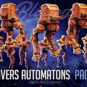 May include: A set of 3D printed miniature robots and walkers in orange plastic. The robots are holding guns and the walkers have large guns on top. The set is called "Helldivers Automatons Pack #107".