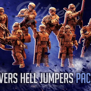 May include: Miniature figurines of soldiers in orange armour, helmets, and various weapons. The text "HELLDIVERS HELL JUMPERS PACK #170" is displayed at the bottom. The background is a dark blue with white and light blue accents.