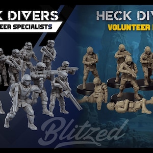 May include: A collection of miniature soldier figurines labelled Heck Divers Volunteer Specialists and Heck Divers Volunteer Force. The grey and tan figures are depicted in various combat poses, some standing and some lying down, with detailed tactical gear and weaponry.