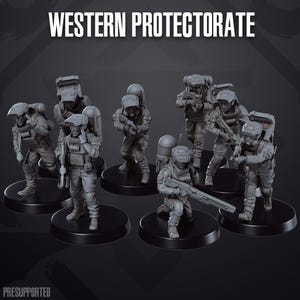May include: A group of grey miniature soldier figures in futuristic armour, on black circular bases. The text "WESTERN PROTECTORATE" is above the figures. The word "PRESUPPORTED" is at the bottom of the image.