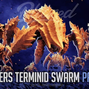 May include: A set of 10 3D printed miniature figures of a monstrous, insectoid creature with a spiky, segmented exoskeleton. The figures are painted in shades of orange and brown, and are posed in a variety of dynamic stances. The text "HELLDIVERS TERMINID SWARM PACK #98" is visible at the bottom of the image.