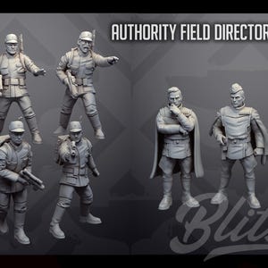 May include: A set of nine grey miniature figurines titled AUTHORITY FIELD DIRECTOR AND ENGINEERS. The figures are depicted in various military-style uniforms, some wearing caps, capes, or carrying equipment, with the word Blitzed in the corner.