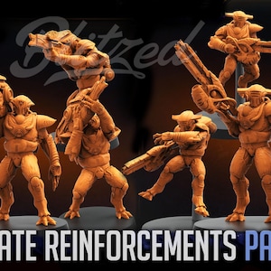 May include: A collection of orange-coloured miniature sci-fi soldier figurines, each mounted on a circular base. The figures are depicted in various combat poses, holding large futuristic rifles. The text "ILLUMINATE REINFORCEMENTS PACK #177" is printed in white at the bottom of the image.