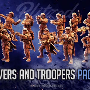 May include: Miniature figurines of soldiers in tan armour, posed in various action stances. The text "HELLDIVERS AND TROOPERS PACK #151" is displayed at the bottom, with a dark blue and white background.